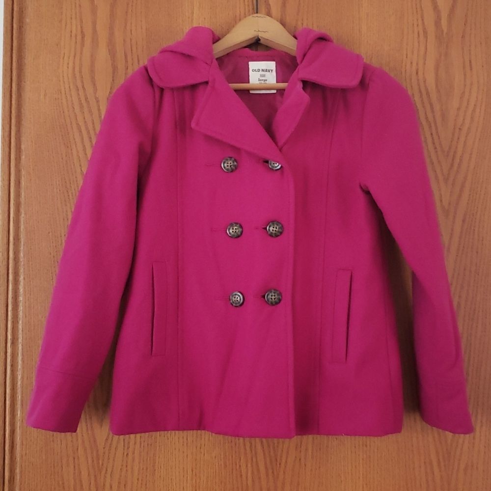 EUC Girls Old Navy Fuschia Hooded Wool Blend Winter Coat Jacket Sz  L (10-12)